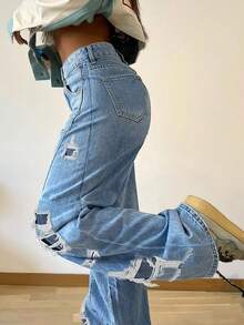 Y2K Retro Mid-Rise Distressed Straight Leg Women's Jeans, Light Blue Washed Contrast Stitching Non-Stretch Loose Floor-Length Pants - Light Wash - View 3
