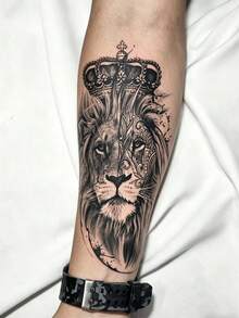 2 Sheets Big Size Body Art Temporary Tattoo Stickers For Men, Black Realistic Sketch Lion Mixed Pattern, Waterproof Fake Tattoo, Lasts 2-5 Days, Covering Scars,Can Be Used On Arms Wrist Shoulders Legs Waist Neck Hand Chest Thighs Finger Ankle, Suitable For Parties, Gifts, Vacations, Body Decoration - Black - View 2