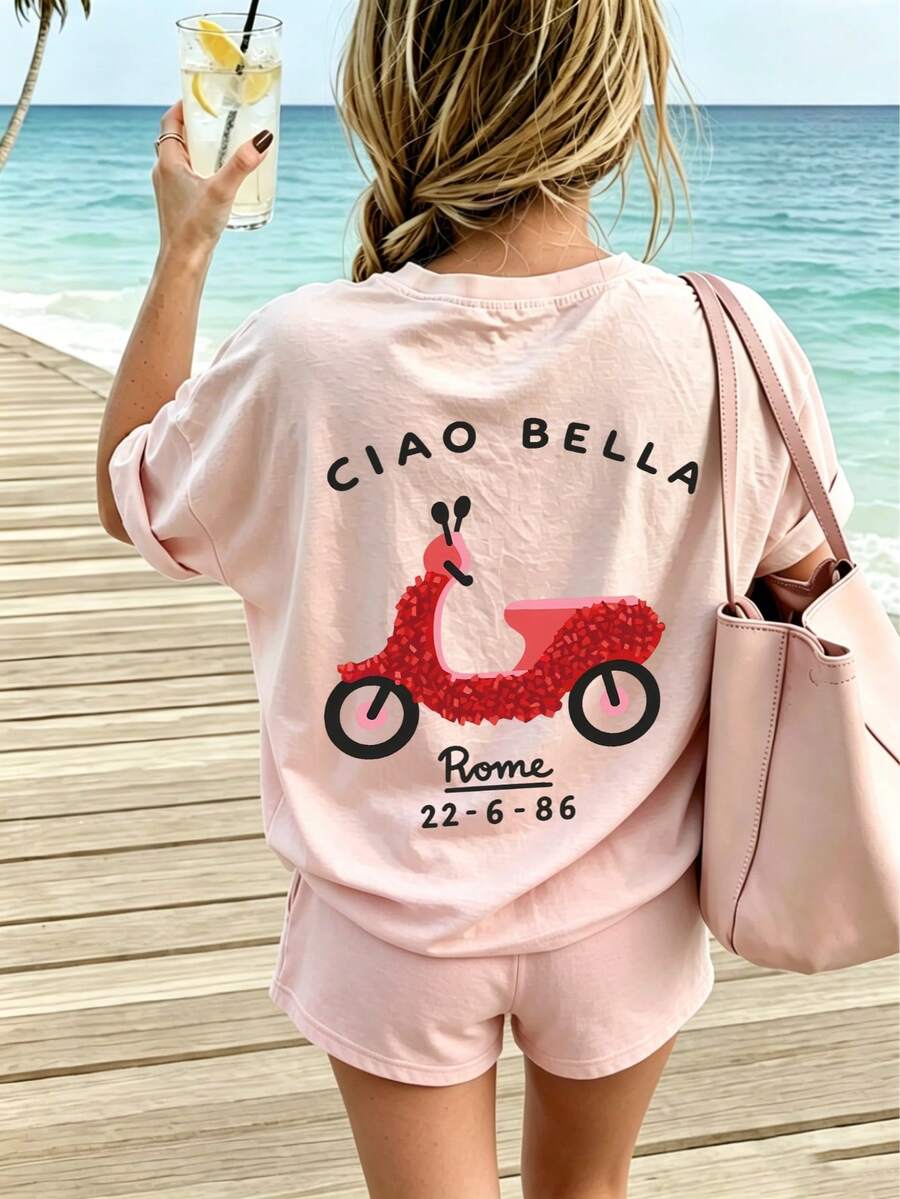 1 pieza Camiseta de manga corta con estampado para niña preadolescente, ropa juvenil estudiantil, regalo de verano para niños - Rosa - Ver 1