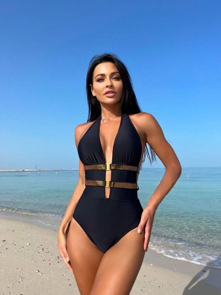 2026 New Sexy Backless Strap One-Piece Swimsuit Bikini - Black - View 1