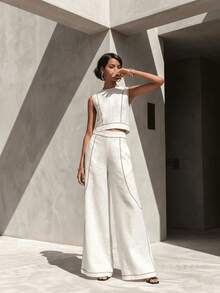 Women's Modest Boho Two-Piece Outfit Sleeveless Round Neck Cropped Blouse  Long Wide Leg Pants With Contrast Piping In Woven Fabric For Spring Outings - White - View 5