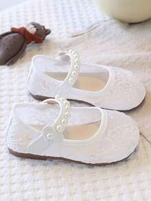 1 Pair Girls' Pearl Hook And Loop Mesh Shoes, Breathable & Comfortable Daily Shoes For Spring/Summer - Beige - View 5