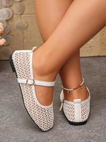 Wide Fit Women's Hollowed Out Mesh Buckle Flat Shoes Elegant Style Spring And Summer Daily Commuting Beige Ballet Flat Shoes Mesh Shoes Women - Beige Mesh Bottom - Beige Openwork Mesh - View 6