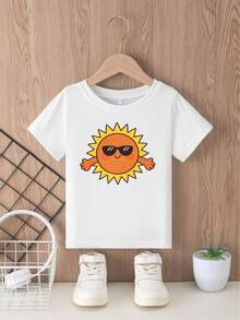 Lightweight Children's Short-Sleeved T-Shirt With A Sun And Sunglasses Print. Ideal For Home Use, Summer Wear, And Playtime, And Easy To Care For. - 白色 - 查看 2