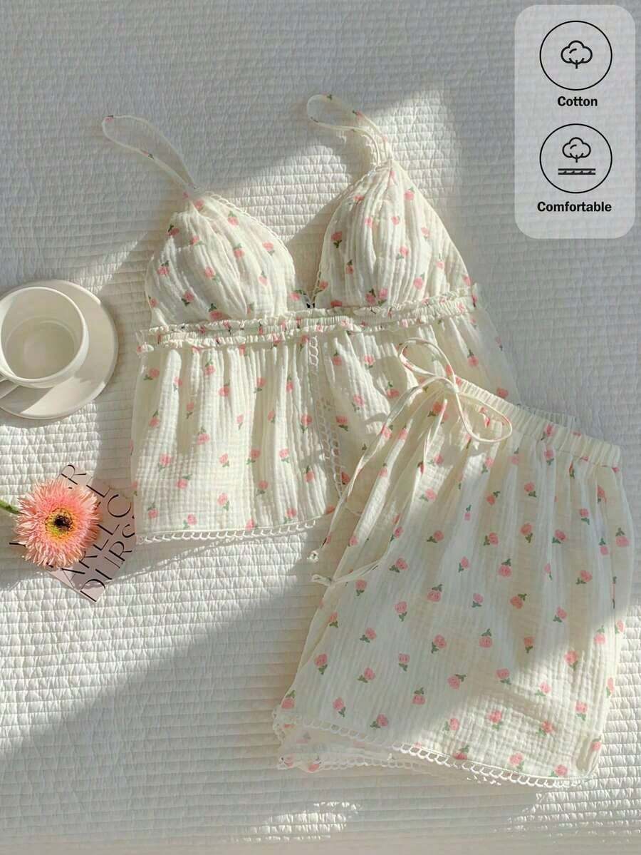 Conjunto informal de 2 piezas de mujer en azul marino con lunares, incluye camiseta de tirantes y pantalones con estampado de lunares, adecuado para primavera, verano, vacaciones, hogar, festivales de música, vuelta al colegio, atuendos casuales - Albaricoque - Ver 1