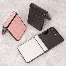CHOKBODY Matte Embossed Floral Texture Litchi Grain Artificial Leather Folding Phone Case With Middle Hinge Protection, Compatible With Samsung Galaxy Z Flip 8/7/7FE/6/5/4 5G Folding Phone Protective Cover - White - View 6