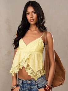 Parte superior de camisa de mujer de lino crema con encaje bordado, parches y volantes en el bajo, adecuada para usar como top de lino, top de vacaciones, top de playa, top casual, top lindo, top de verano - Amarillo - Ver 5