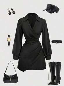 MOD Vestido de mujer de manga larga con volantes y estampado de rayas azul y blanco, vestido de Navidad, camisa de Acción de Gracias, ropa de mujer de negocios, atuendo de mujer para la playa - Negro - Ver 1