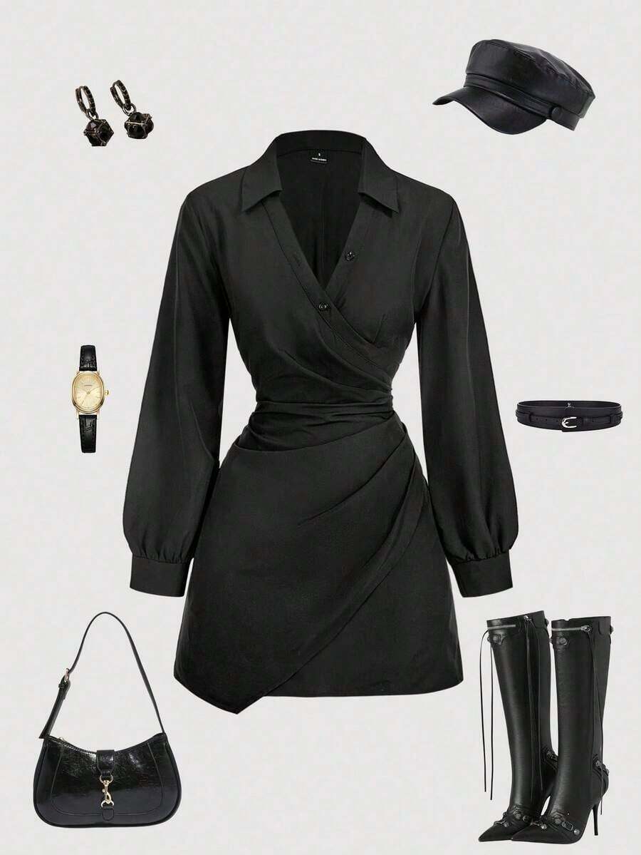 MOD Vestido de mujer de manga larga con volantes y estampado de rayas azul y blanco, vestido de Navidad, camisa de Acción de Gracias, ropa de mujer de negocios, atuendo de mujer para la playa - Negro - Ver 1