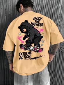 1 pieza de camiseta de hombre 100% algodón puro, estilo urbano, con estampado de oso, grafiti y letras, vibrante y juvenil, una prenda esencial para los chicos amantes del skateboarding. - Blanco - Ver 7
