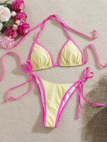 Conjunto de bikini de unicolor con contraste nuevo para mujer en verano, traje de baño con escote halter y espalda descubierta, tela de alta elasticidad, para fiesta/festival de música, atue - Rosa 2 - Ver 10