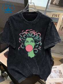 Camiseta Vintage de Mujer con Estilo Art Desgastado - Manga Corta y Cuello Redondo con Personajesónicos, Tejido Ligero Lavado para Looks Casuales Diarios, Lavable aáquina y Adecuada para Todas las Estaciones - Negro - Ver 3