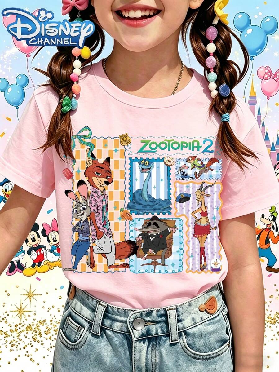 Disney T-Shirt, Short Sleeve, Made Of 100% Pure Cotton FabricGirls Short Sleeve T Shirt Pink Zootopia 2 Characters And Text Design For Casual Wear And Disney Themed EventsGifts Suitable For Girls - 粉色 - 查看 1
