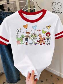 [Disney Official Authorization] Women's Casual Short Sleeve Round Neck Graphic Tee Top, Stylish Knitted Fabric T-Shirt With Print For Everyday Wear Disney Land .T-Shirts Featuring A Print Of Toy Story Characters, Including Woody, Buzz Lightyear, Jessie, And Others, Paired With Mickey Mouse Balloon Prints.Cartoon Loose Fit Versatile Couple And Family Matching Round Neck Short Sleeve T-Shirt Top - White - View 1