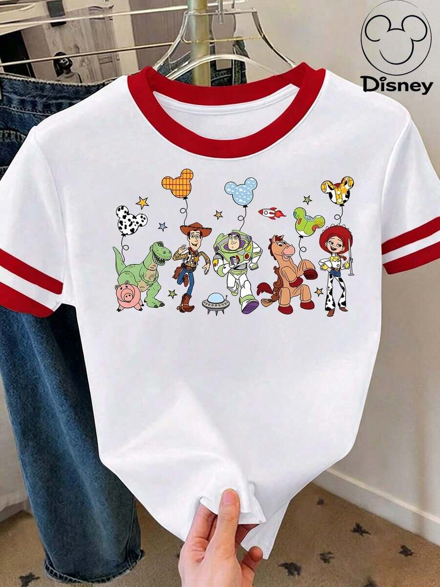 [Disney Official Authorization] Women's Casual Short Sleeve Round Neck Graphic Tee Top, Stylish Knitted Fabric T-Shirt With Print For Everyday Wear Disney Land .T-Shirts Featuring A Print Of Toy Story Characters, Including Woody, Buzz Lightyear, Jessie, And Others, Paired With Mickey Mouse Balloon Prints.Cartoon Loose Fit Versatile Couple And Family Matching Round Neck Short Sleeve T-Shirt Top - White - View 1