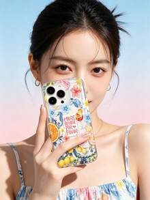 1pc Fashionable Slogan, Ocean & Lemon Flower Pattern Shock-Absorbing Airbag TPU Phone Case, Suitable For IPhone 16 Pro Max/16/16 Pro/16 Plus/15/15 Pro Max/15 Pro/11/12/13/14 Pro Max/11 Pro/11 Pro Max/12 Pro/12 Pro Max/13 Pro/13 Pro Max/14 Pro/14 Pro Max, Creative Premium Soft Cover - Multicolor - View 2
