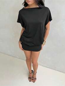 Vestido corto bohemio chic sin espalda para mujer, elegante minivestido de corte A con escote en V y mangas de media borla. - Negro - Ver 6
