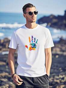 Camiseta de manga corta de 100% Cotton puro estilo básico de las cuatro estaciones con huellas de manos coloridas, estilo urbano americano casual vintage,  hombre,  y parejas como capa base - Blanco - Ver 6