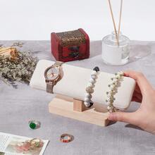Giá trưng bày đồng hồ đeo tay, đế trưng bày bằng gỗ, giá đỡ vòng tay hình chữ T, giá đựng trang sức giả da lộn, giá treo mặt dây chuyền, giá treo lắc chân, giá trưng bày vòng tay, dây buộc tóc, băng đô dùng trong gia đình/bán lẻ, màu be da lộn. - Giá đỡ vòng đeo tay một lớp bằng gỗ - Xem 6