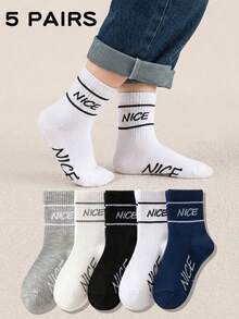 5双装儿童/青少年黑色、白色、灰色、藏青色“NICE”字母中筒袜，高腰弹力设计，舒适透气，适合春、夏、秋、冬四季穿着，百搭休闲、运动、经典风格，男女童均适用。 - 彩色 - 查看 6