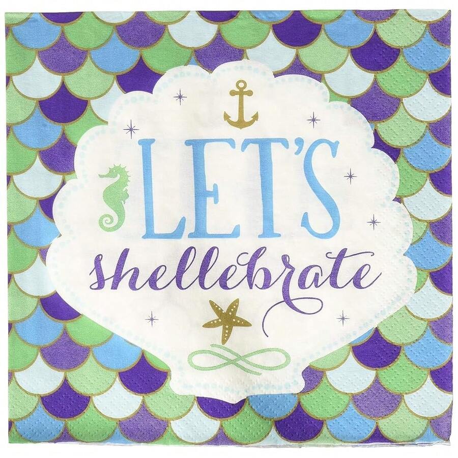 Amscan 511975 Luncheon Napkins | Mermaid Wishes Collection | 6.5\ X 6.5\ | 16 Pcs | Birthday, Multicolor - Napkin-lunch - View 1