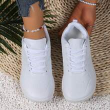 Women's Wide Fit Athletic Shoes, Solid Color Fashion Versatile Lace-Up Breathable Casual Sneakers - White - View 3