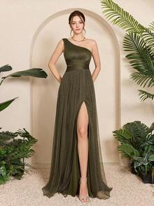 Vestido largo de gasa con cuello asimétrico, busto drapeado, cintura hueca y abertura alta en A, vestido de dama de honor para boda en primavera - Verde militar - Ver 4