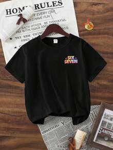 Basic Short-Sleeved T-Shirt For Pre-Teen Boys, Featuring A Cartoon-Style Slogan Graphic Print With The Number 67, In A Minimalist And Refreshing Style, Suitable For Casual Spring, Summer And Autumn Outfits - 紅色和黑色 - View 2