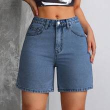 guang zhou mi qian shang mao  Tall Shorts vaqueros de tiro medio casual lavados para mujer estilo Y2K - Café integral - Ver 4
