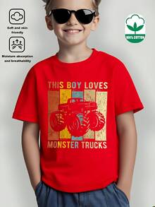 Boys' T-Shirt "This Boy Loves Monster Trucks" 100% Cotton, Soft And Comfortable For Everyday Wear, Suitable For Home, Outdoors And Sports Activities, Comfortable And Breathable - 軍綠色 - 查看 2