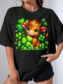 Women's T-Shirts, Casual Short Sleeve Party T-Shirt, White T-Shirt With Bull And Shamrock Print OneCute For St. Patrick's Day Celebration 220 Women's Clothing - 黑色 - 查看 4