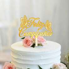 1個/3個金色壓克力「Feliz Cumpleaños」蛋糕插牌，金色鏡面壓克力蛋糕裝飾插片，附花朵與蝴蝶飾件，西班牙文生日派對用品 - 多色 - 查看 3