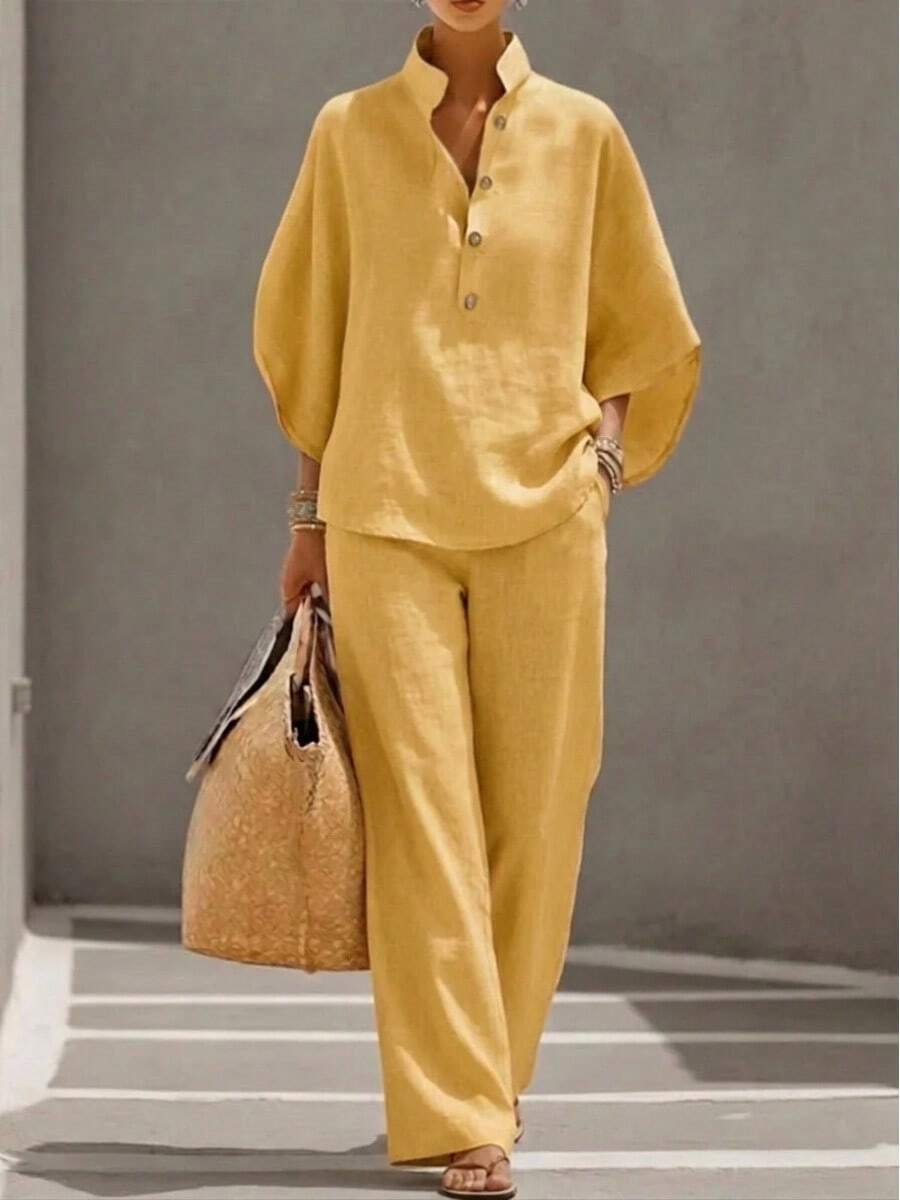 Women's Stand Collar Half-Button Two-Piece Linen Set, Batwing Sleeve Blouse With Elastic Waist Wide Leg Pants, Relaxed Fit Silhouette, Casual Minimalist Style, Available In Multiple Colors, Suitable For Daily Wear, Travel, Errands And Relaxed Outings - 土黃色 - 查看 1