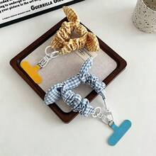 1pc Bow Tie Phone Lanyard With Elastic Strap, Plaid Ruffle Fabric Wrist Strap, Cute Double Buckle Short Hanging Accessory, Camera Strap, Keychain, Phone Case Strap With Pad - Multicolor - View 2