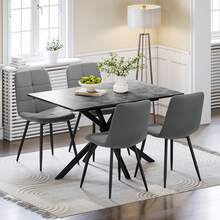 Luxstein Extendable Dining Table And Chairs Set Of 4, Concrete Effect Rectangular Table With Upholstered Linen Chairs For Dining Room, Kitchen - Mesa de comedor color hormigón + sillas de comedor de lino gris - Ver 11