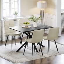 Luxstein Extendable Dining Table And Chairs Set Of 4, Concrete Effect Rectangular Table With Upholstered Linen Chairs For Dining Room, Kitchen - Concrete-colored Dining Table + Beige PU Dining Chairs - View 7
