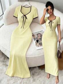 Vestido largo ajustado de manga corta con diseño de lazo en la cintura y cuello de corazón elegante y romántico en color albaricoque, para primavera/verano - Amarillo claro - Ver 5
