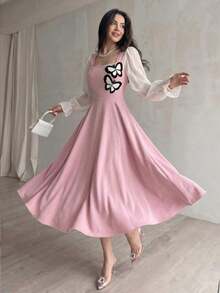 Vestido de mujer con parches tejidos, decoración de lazo y cintura ceñida - Rosa 2 - Ver 1