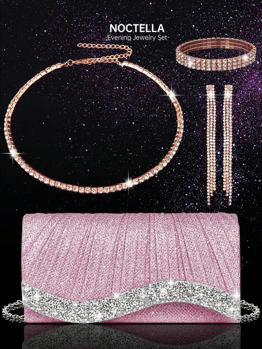 Noctella Borsa clutch da donna con cristalli scintillanti e strass, portafoglio da sera elegante e di lusso, nuova busta pieghettata alla moda, con set di gioielli composto da collana, orecchini e bracciale in cristallo, adatto per ragazze in festa, spose, regali per vacanze, borse da cerimonia, borse da festa, perfettamente abbinabile ad abiti da festa, da sera e con paillettes, l'accessorio perfetto per partecipare a balli - Rosa - Visualizzare 1