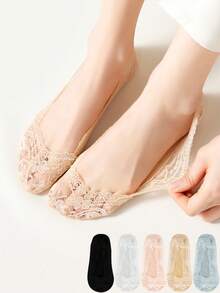 chuanwa（2） 1/5/10 Pairs Of Women's Lace No Show Anti-Slip Silicone Fastion Breathable & Thin Invisible Liner Boat Socks - Multicolor - View 3