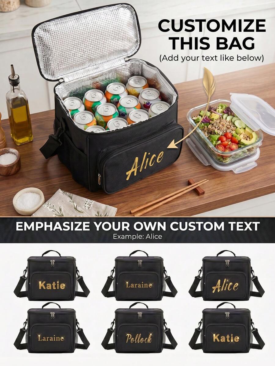 1pc Personalized Insulated Lunch Bag With Custom Name Text, Leakproof Thermal Tote Bag With Adjustable Shoulder Strap For Men Women Office Work, Picnic, Outdoor Travel Cooler Bag, Corporate Employee Gift Appreciation - Black - View 1