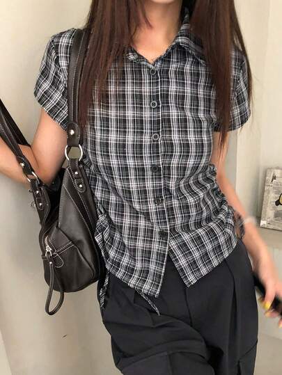 韩版街头风抽绳腰格子短袖衬衫，夏季黑色