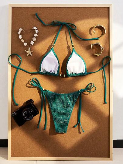 2026 Damski wiosenno-letni komplet bikini z koralikami i szydełkowym dekoltem typu halter, seksowny, dwuczęściowy strój kąpielowy w stylu boho na plażę, wakacje i imprezę przy basenie