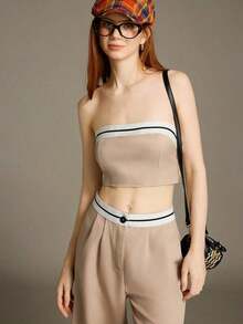 Luminelle Conjunto de top bandeau y pantalones de pierna ancha para mujeres con diseño de bloques de color - Albaricoque 2 - Ver 6