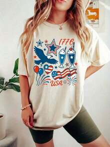 [100% Algodón] Camiseta de Mujer, con un diseño de cuello redondo cómodo y suave, celebra el Día de la Independencia con un tema patriótico de 1776 en los Estados Unidos, incluyendo un águila, estrellas y globos para el Cuarto de Julio - Estilo callejero vintage, camiseta unisex de algodón suelto de manga corta con cuello redondo, camiseta de verano para mujer, camisas de mujer, ropa de mujer, blusas bonitas. - Albaricoque - Ver 1