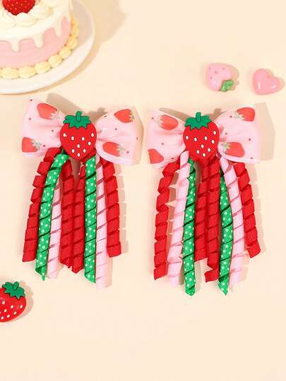 2 pezzi Fiocchi per capelli a forma di fragola per ragazze, rosso, rosa, verde, con nappe ricciolute, fermagli a coccodrillo, stampa a frutta, accessori carini e dolci per capelli, regalo/vacanza/uso quotidiano, accessori per capelli per adolescenti