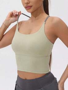 Women's Athletic T-Shirt With Fixed Padding, Color Contrast, Elastic, Summer Yoga Top - 荳蔻綠 - 查看 4
