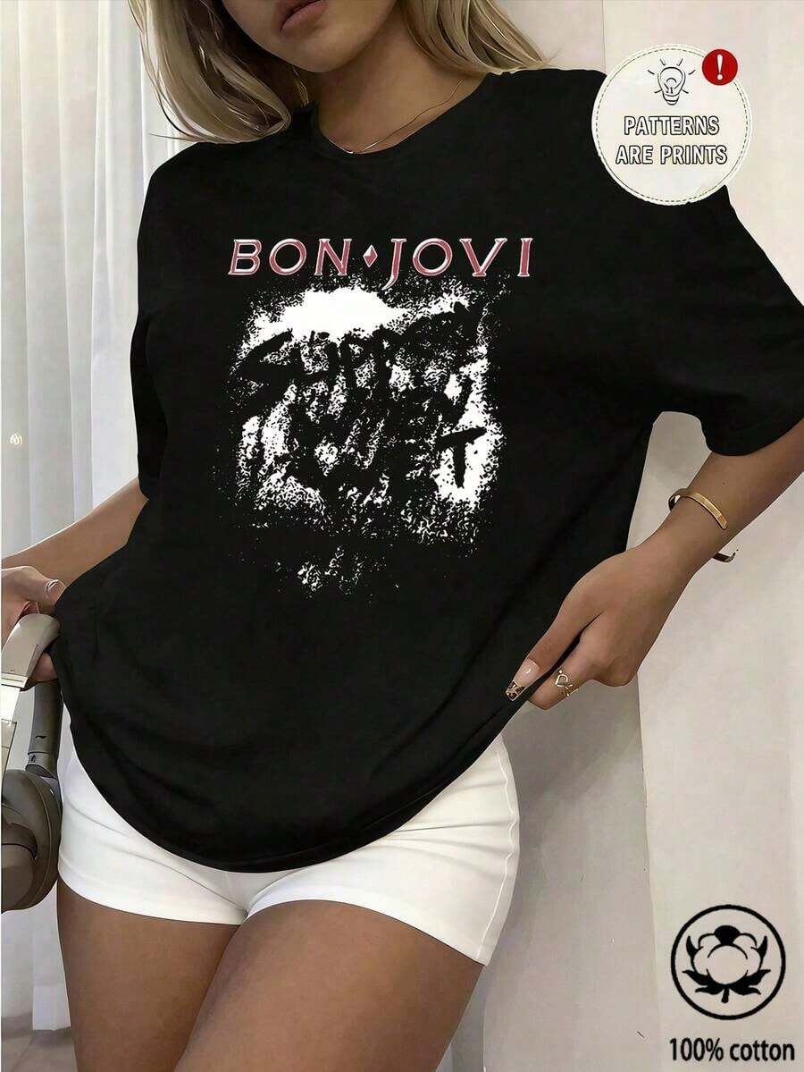 Loose-Fit, Round-Neck, Short-Sleeved T-Shirt In Solid Color, 100% Cotton - A Summer Essential With Bon Jovi Vibes. - Black - View 1