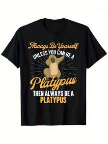 Men's Retro Graphic T-Shirt Soft Loose Fit Casual Tee With Funny Platypus Quote Animal Design, Machine Washable Black Shirt Men, Dads, Friends, Vintage Tshirt, Relaxed ClothinMen's Casual Versatile All-Season Inner Wear, Summer Printed T-Shirt - 彩色 - 查看 2