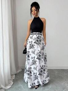 Vestido de verano de mujer de nueva llegada con diseño francés de patchwork sin mangas, vestido ajustado con cuello de halter estampado de diseño único y contraste de color con lazo en la cintura - Multicolor - Ver 4
